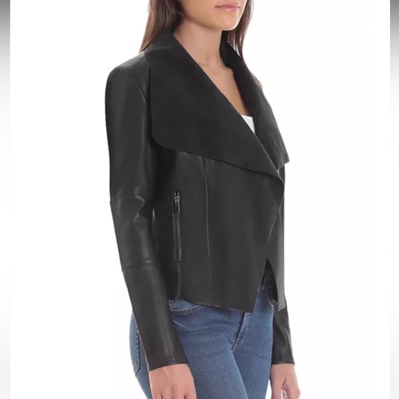 Bagatelle Women's Black Draped Faux Leather Jacket Sz Med - Picture 2 of 7